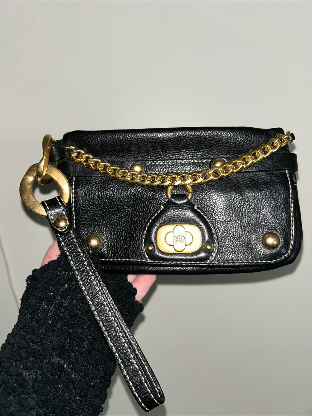 Juicy Couture Black Leather Wristlet with Gold Hardware, Vintage, Y2K